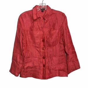 PECK & PECK‎ 100% Linen Women's Coral Floral Button-Down Pockets Shirt Size 6